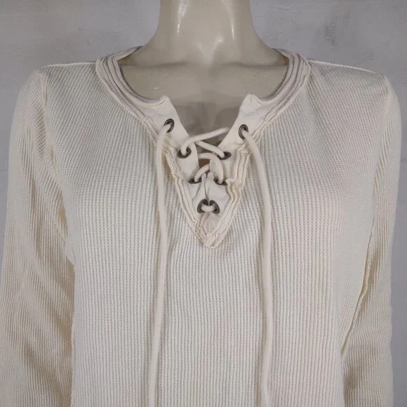 Sundance ivory 100% cotton long sleeve lace up V-Neck thermal shirt ladies Large - Picture 2 of 7